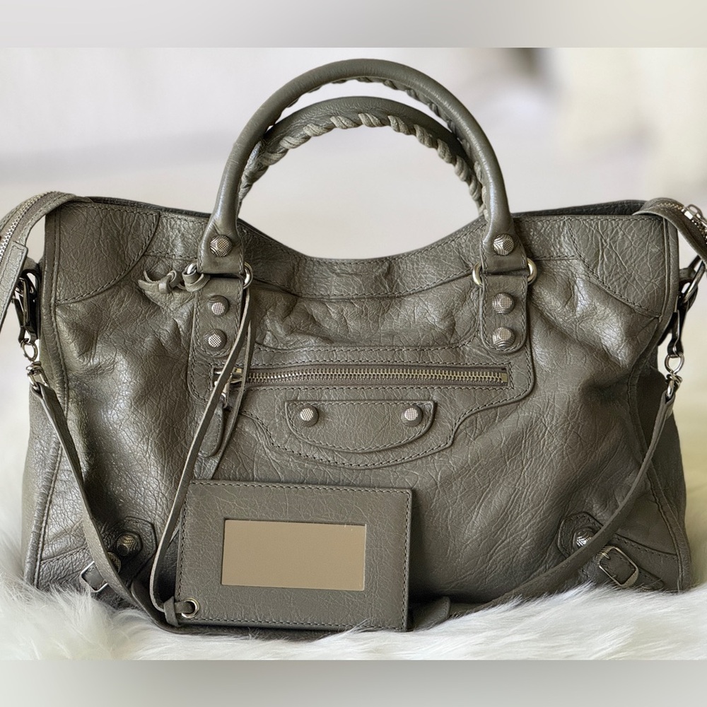 BALENCIAGA CITY BAG S/S 2016 Silver Hardware GREY GRAY MOTORCYCLE W/MIRROR